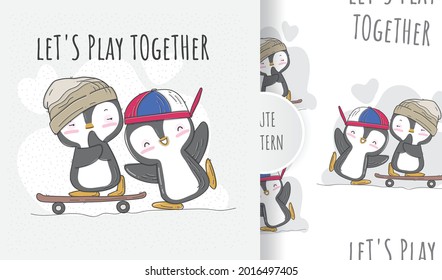 Flat cute penguins playing skateboard illustration for kids