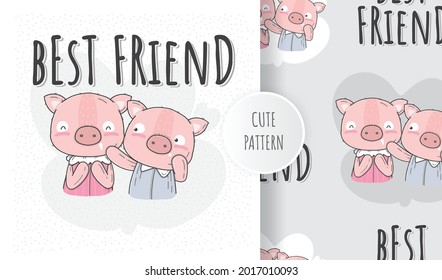 Flat cute pig with friend illustration for kids