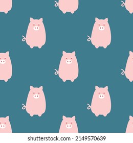Colección plana de cerdos lindos. Patrón de cerdo sin mar aislado en un fondo azul. Ilustración vectorial de dibujos animados para prendas de vestir, patrones, pegatinas, tarjetas, tejidos, textiles