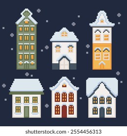 Flat cute pixel 8 bit Western style building and houses facade in winter collection elements. For decoration, concept proposal, game design, postcard, banner, social media