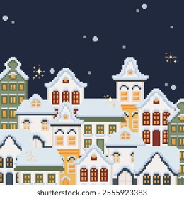 Flat cute pixel 8 bit Western style building and houses facade in winter snow template. Cityscape street view. For decoration, concept proposal, game design, postcard, banner, social media