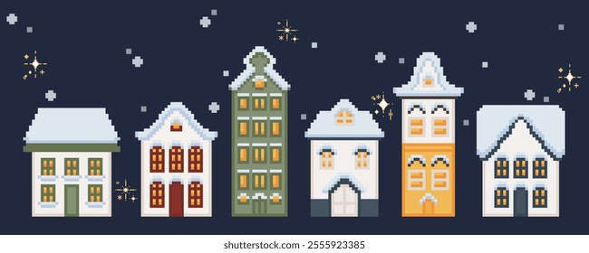 Flat cute pixel 8 bit Western style building and houses facade in winter collection elements. For decoration, concept proposal, game design, postcard, banner, social media