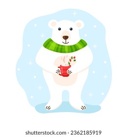 Flat cute polar bear with scarf and cup on snowy background. Vector cartoon illustration with red mug of hot coffee, cocoa or chocolate. Image of winter bear character with smile for poster or banner