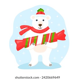 Flat cute polar bear with scarf and hat on snowy background. Vector cartoon illustration with big red candy. Hand drawn image of dear winter bear character with smile and sweet for poster or banner