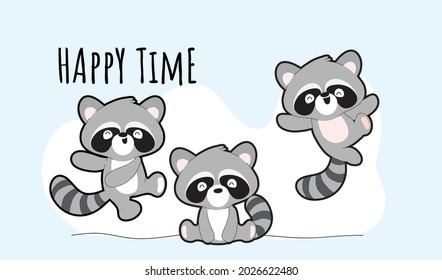 Flat cute raccoons collection illustration set. Cartoon childish raccoon illustration for nursery t-shirt, kids apparel, invitation, simple scandinavian child design, wall art design.
