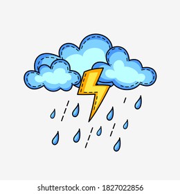 Flat Cute Rain Cloud Illustration Symbol with Unique Style Design, Unusual Rainy Weather Forecast with Yellow Thunder or Lightning Template Vector