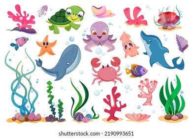 Flat cute sea animals, marine plants and fishes. Ocean life with funny characters of turtle, octopus, starfish, crab and squid. Happy dolphin and whale. Underwater reef, corals, shells and seaweed set