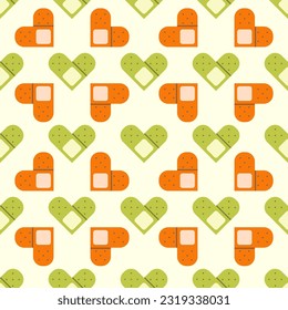 Flat cute seamless pattern of medical plaster with hearts. Blood donation print design in doodle style.
