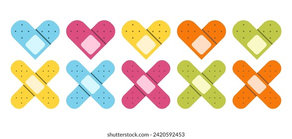 Flat cute set of band aids illustrations with hearts. Medical bandage collection of icons. 