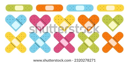 Flat cute set of band aids illustrations with hearts. Medical bandage collection of icons. 