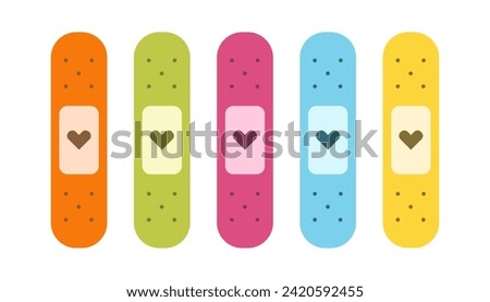 Flat cute set of band aids illustrations with hearts. Medical bandage collection of icons. 