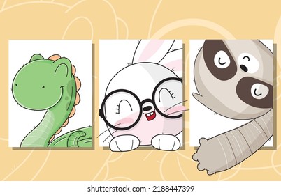 Flat cute set of card baby animal illustration for kids
