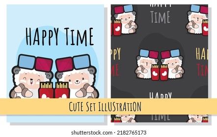 Flat cute sheep happy time with cinema glasses
