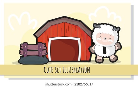 Flat cute sheep on farm land illustration for kids
