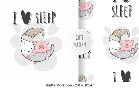 Flat cute sleeping pig on the moon illustration for kids