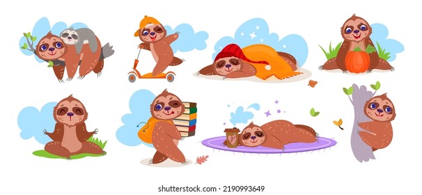 Flat cute sloth sleeping, riding a scooter, doing yoga, climbing and hanging tree. Cartoon funny animal charasters with coffee mug, pumpkin, books and backpack. Baby sleep on branch with lazy mother.