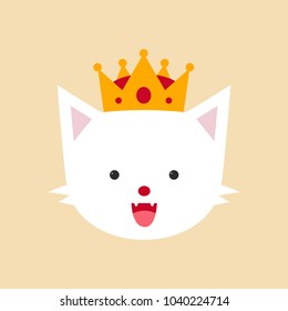 flat cute smiling cat face with king crown vector illustration on pastel background, kitten portrait head shot cartoon