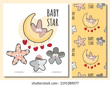 Flat cute starfish illustration for kids and pattern set
