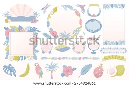 Flat and Cute Summer Tropical Frame and Background Materials: Leaves, Flowers, Ocean, Hibiscus, and Other Tropical Leaves