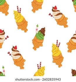 Flat cute taiyaki ice cream seamless pattern design