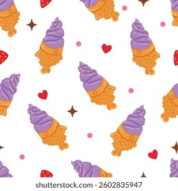 Flat cute taiyaki ice cream seamless pattern design