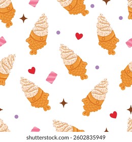 Flat cute taiyaki ice cream seamless pattern design