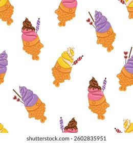 Flat cute taiyaki ice cream seamless pattern design