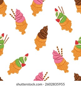 Flat cute taiyaki ice cream seamless pattern design