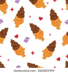 Flat cute taiyaki ice cream seamless pattern design