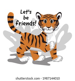 Flat  cute tiger calling to be friends,cute animal character idea for child and kid printable stuff and t- shirt,greeting card, nursery wall art,postcard.Vector illustration.