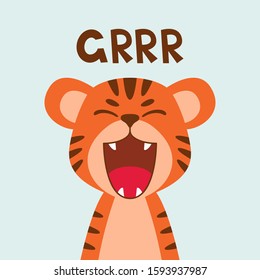 Flat cute tiger open mouth roar. Trendy Scandinavian style. Cartoon animal character vector illustration isolated on background. Print for kids apparel, nursery decoration, poster, funny avatars.