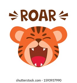 Flat cute tiger open mouth roar. Trendy Scandinavian style. Cartoon animal character vector illustration isolated on background. Print for kids apparel, nursery decoration, poster, funny avatars.