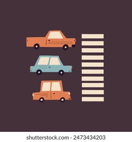 Flat cute truck and cars with crosswalk isolated on  background. Cute cartoon vector illustration. Childish city cars t shirt print, fun design, safety concept