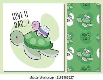 Flat cute turtle illustration for kids and pattern set
