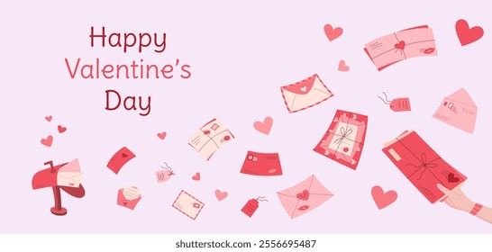 Flat cute valentine's day mail concept, modern style hand sends romantic letter flyer template, trendy craft post card romance design, cartoon handmade envelope template, love postcard background.