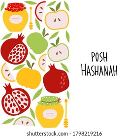 Flat cute vector illustration of Jewish New Year holiday Rosh Hashana, Shana Tova. Ideal for greeting cards, banners, posters.Greeting card with symbols of the Jewish holiday.