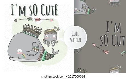 Flat cute whale with jellyfish boho style illustration for kids