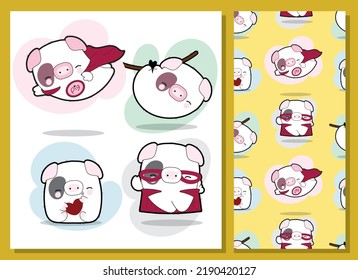 Flat cute white pig illustration for kids and pattern set
