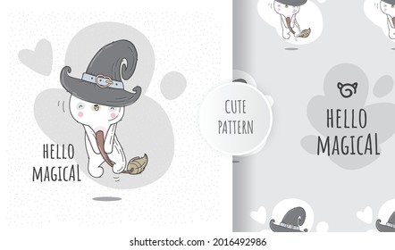 Flat cute witch bear flying illustration for kids