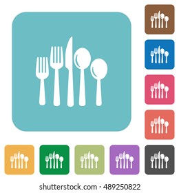 Flat cutlery icons on rounded square color backgrounds.