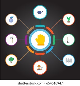 Flat Cutter, Green Wood, Watering Can And Other Vector Elements. Set Of Agriculture Flat Symbols Also Includes Latex, Ax, Gloves Objects.