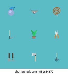 Flat Cutter, Tools, Rake And Other Vector Elements. Set Of Agriculture Flat Symbols Also Includes Hosepipe, Grower, Axe Objects.