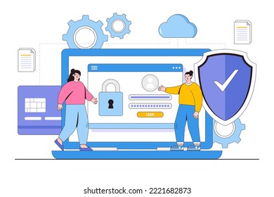 Seguridad plana de datos en línea, seguridad de internet o concepto de privacidad y protección de la información. Dibujo vectorial de estilo de esquema para página de inicio, banner web, infografías, imágenes de héroe.