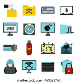 Flat cyber fraud icons set. Universal criminal activity icons to use for web and mobile UI, set of basic criminal activity elements isolated vector illustration