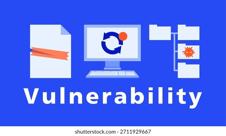 Eine flache Darstellung der Cyber-Sicherheit, die eine geschwächte Systemabwehr, veraltete Dateien und anfällige Software zeigt, die zu Ransomware-Bedrohungen einlädt, während moderner Schutz erforderlich ist