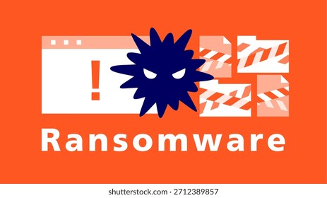 Una ilustración de seguridad cibernética plana que muestra documentos de cifrado de ransomware, carpetas bloqueadas, ventanas emergentes de alerta y un personaje de malware que representa el secuestro de archivos y la interrupción del sistema