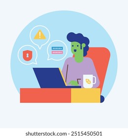 Ilustración de fondo de ciberseguridad plana. Hombre guardia de seguridad cibernética trabajando en su escritorio de la computadora. Ilustración de concepto de datos seguros