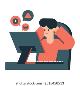 Ilustração de plano de fundo de segurança cibernética. Homem segurança cibernética trabalhando em sua mesa de computador. Ilustração do conceito de dados seguros