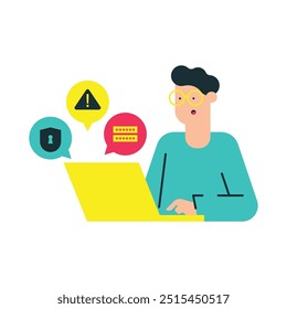 Ilustración de fondo de ciberseguridad plana. Hombre guardia de seguridad cibernética trabajando en su escritorio de la computadora. Ilustración de concepto de datos seguros