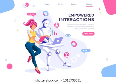 Flat cyborg idea, interactive engineer image. Partnership contact. Human interaction. Banner between white background, between empty space. 3d images isometric vector illustrations. Interacting people